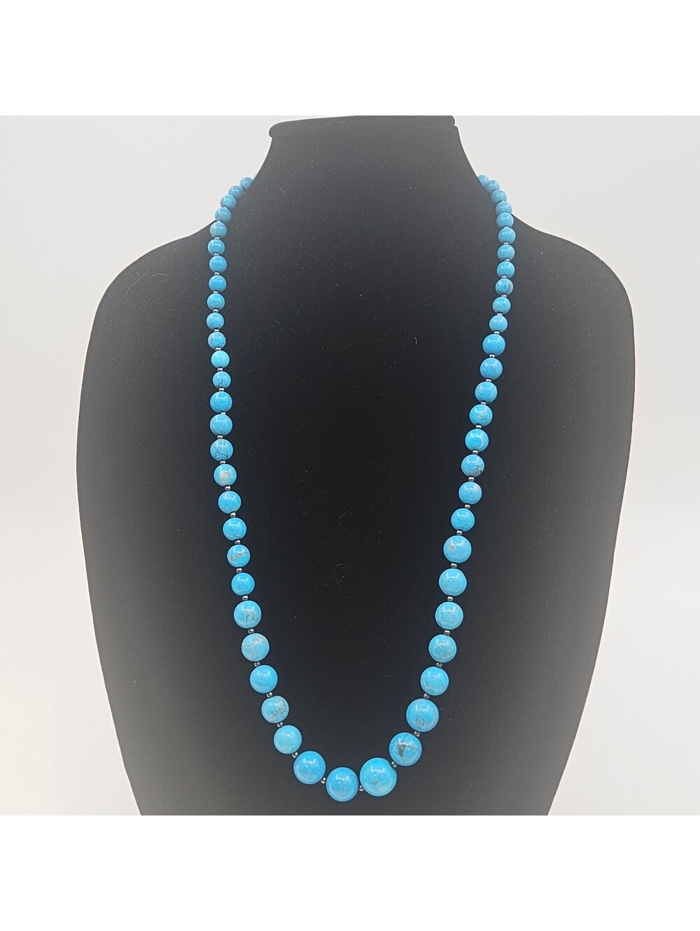 Vintage Reconstituted Turquoise Graduated Bead Necklace 30" 925 Sterling Clasp